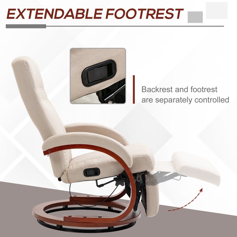 HOMCOM Swivel Recliner Chair with Footstool and Wood Base, Manual Reclining Chair for Living Room, Bedroom, Beige