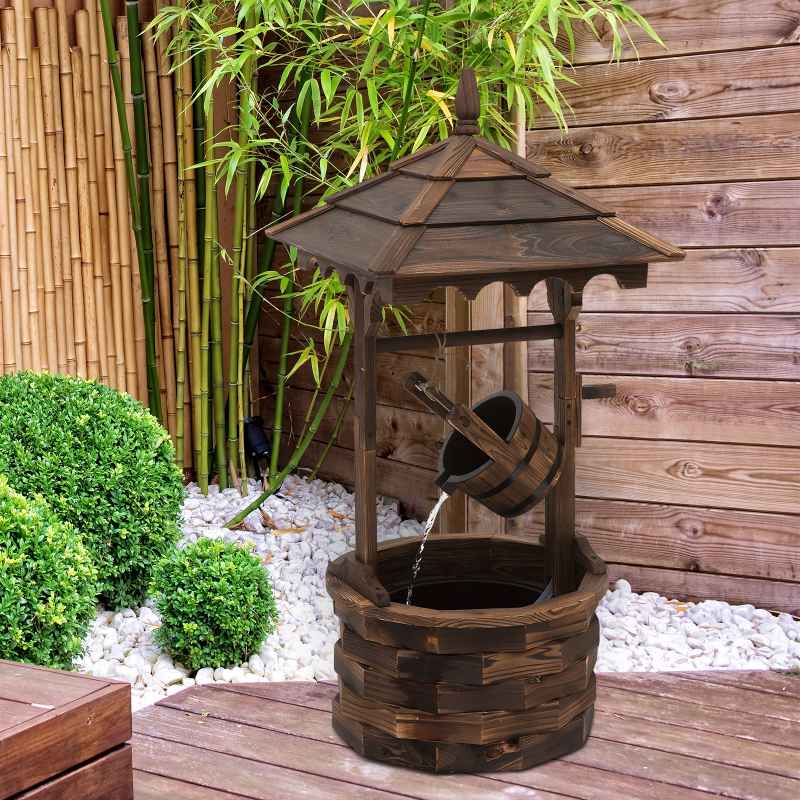 Outsunny Wooden Garden Wishing Well Fountain Barrel Waterfall Rustic Wood with Pump Garden D??cor Ornament