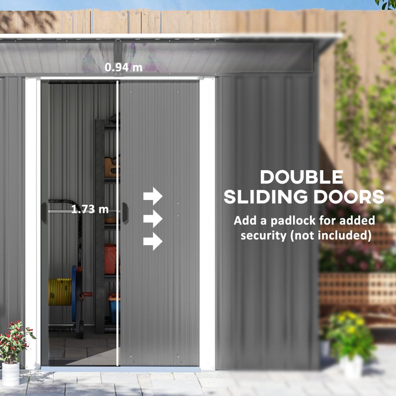 Outsunny 8.5 x 6ft Metal Shed with Lightsky Panels, Garden Storage Tool House with Double Doors for Garden, Patio and Lawn, Grey