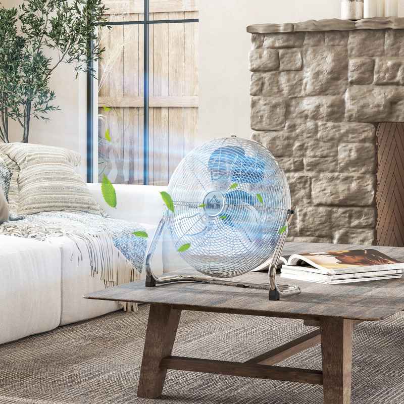 HOMCOM 14 Inches Chrome Metal Floor Fan, High Velocity 3-Speed Home Gym with Adjustable Head, Portable Desk & Table Fan Air Circulator for Home Office, Powerful Airflow, Quiet Operation