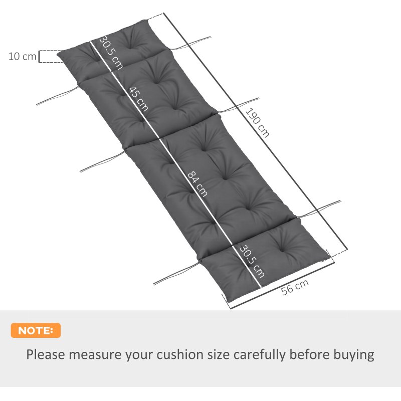 Outsunny Sun Lounger Cushions Only, 190x56x10cm Garden Lounge Chair Cushions, UPF20+ 220gsm Fabric, Thick Sunbed Replacement Pads with 6 Ties, Dark Grey