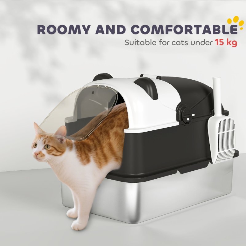 PawHut XL Stainless Steel Litter Box with Lid, Extra Large Enclosed Litter Tray with Scoop & 180 Flip Front Cover, Anti-Leakage, Non-Sticky, Non-Odour, Easy Cleaning, for Big Cats, Panda Style