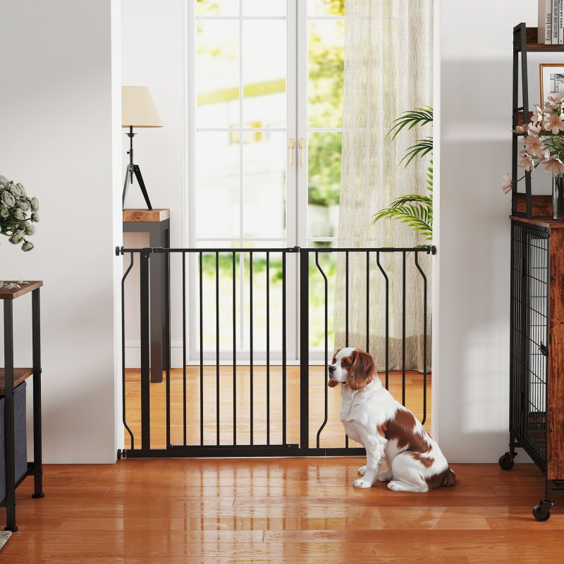 PawHut Dog Gate Wide Stair Gate w/ Door Pressure Fit Pets Barrier for Doorway, Hallway, 76H x 75-115W cm - Black