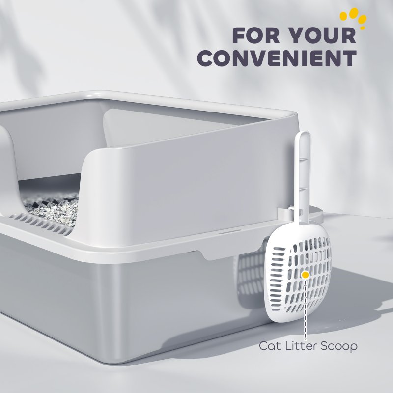PawHut Stainless Steel Litter Box, High Sided Metal Cat Litter Tray with Detachable Rim, Scoop, Easy Cleaning, Odour-Resistant, 60 x 40 x 28 cm