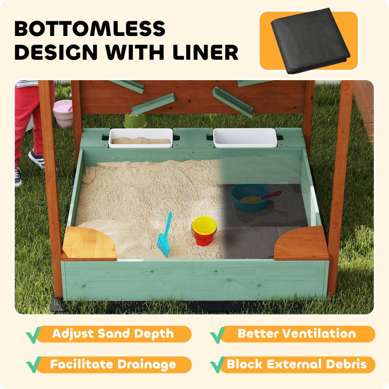 AIYAPLAY Wooden Kids Sandpit Outdoor Sandbox with Canopy with 2 Storage Bins, Funnel, Liner, Chutes, Bucket with Tap for 3-6 Years, 116 x 112.5 x 128 cm, Green