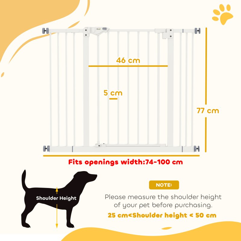 PawHut Dog Gate Stair Gate Pressure Fit Pets Barrier Auto Close for Doorway Hallway, 74-100cm Wide Adjustable, White