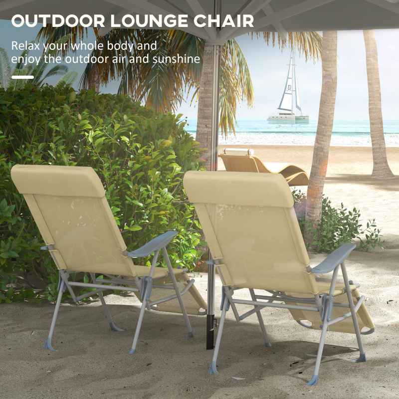 Outsunny Outdoor Sun Lounger Set of 2, Reclining Garden Chairs with Adjustable Footrest, 2 Pieces Recliner with 5-level Adjustable Backrest, Headrest, Beige