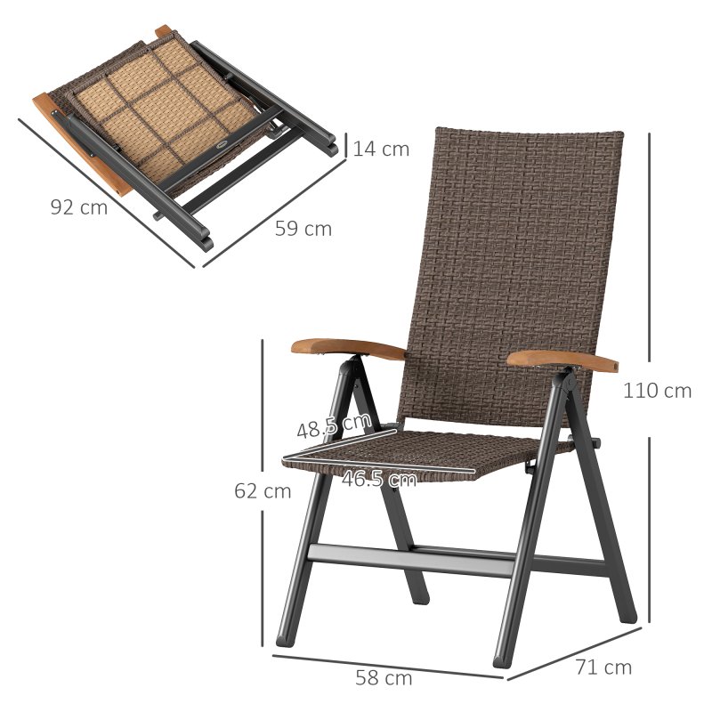 Outsunny 2 Pieces Outdoor Folding Dining Chair, PE Rattan Chair with Armrests, High Backrest, for Garden, Camping, Balcony, Porch, Brown