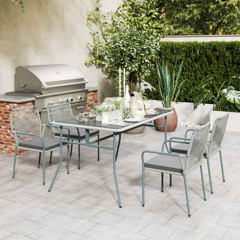 Outsunny 5 Piece Wicker Garden Dining Set, PE Rattan Garden Furniture Set with 4 Stackable Chairs, Tempered Glass Top Table and Cushions, Outdoor Table and Chairs for Patio, Conservatory, Light Grey