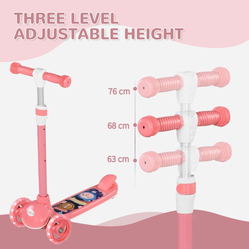 AIYAPLAY Kids Scooter, 3 Wheel Scooter for Toddlers Ages 2-6, with 3-level Adjustable Height, LED Light, TPE Handlebar, Kick Scooter for Boys and Girls, Pink