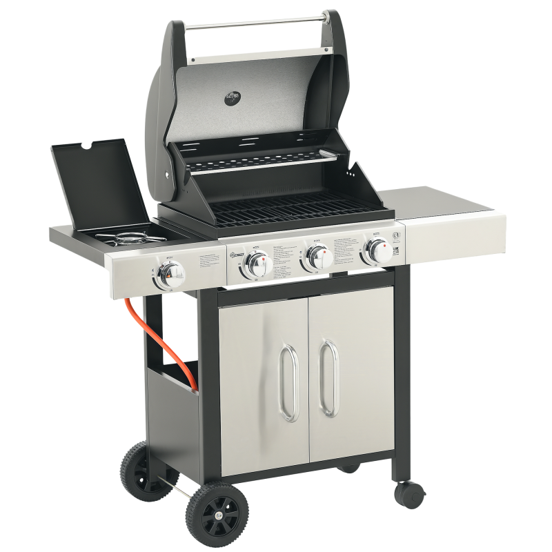 Outsunny Gas Barbecue Grill 3+1 Burner Garden Smoker BBQ Trolley w/ Side Burner Warming Rack Side Shelves Storage Cabinet Piezo Ignition Thermometer Stainless Steel + Metal
