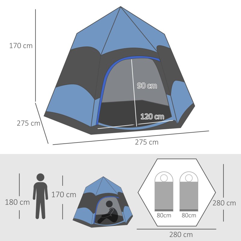 Outsunny Double Layer Instant Pop Up Tent with Rainfly, Hexagon 4 Man Dome Tent, Portable Camping Shelter with Sewn-in Groundsheet and Carry Bag, for Festival Backpacking Road Trips, Blue