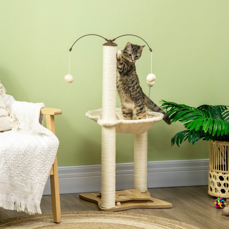 PawHut Cat Tree for Indoor Cats, Cat Scratching Post with Bed, Toy Ball, 53.5 x 53.5 x 90cm - Beige