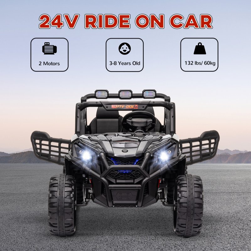 AIYAPLAY Kids Electric Ride on Car 2-Seater, 24V Truck UTV with Remote Control, Suspension System, LED Lights, Horn, Music, for 3-8 Years, Black