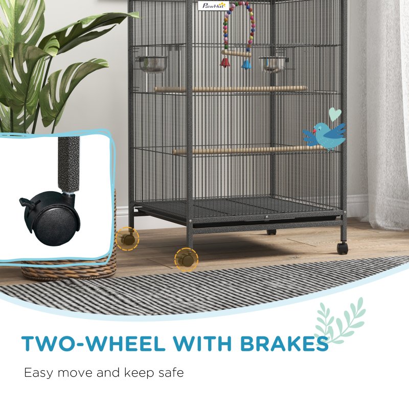 PawHut Bird Cage, Budgie Cage, Parrot Cage, with Rolling Stand, Stainless Steel Bowls, Swings, Removable Tray for Small Parrot, Budgie, Lovebird - Grey