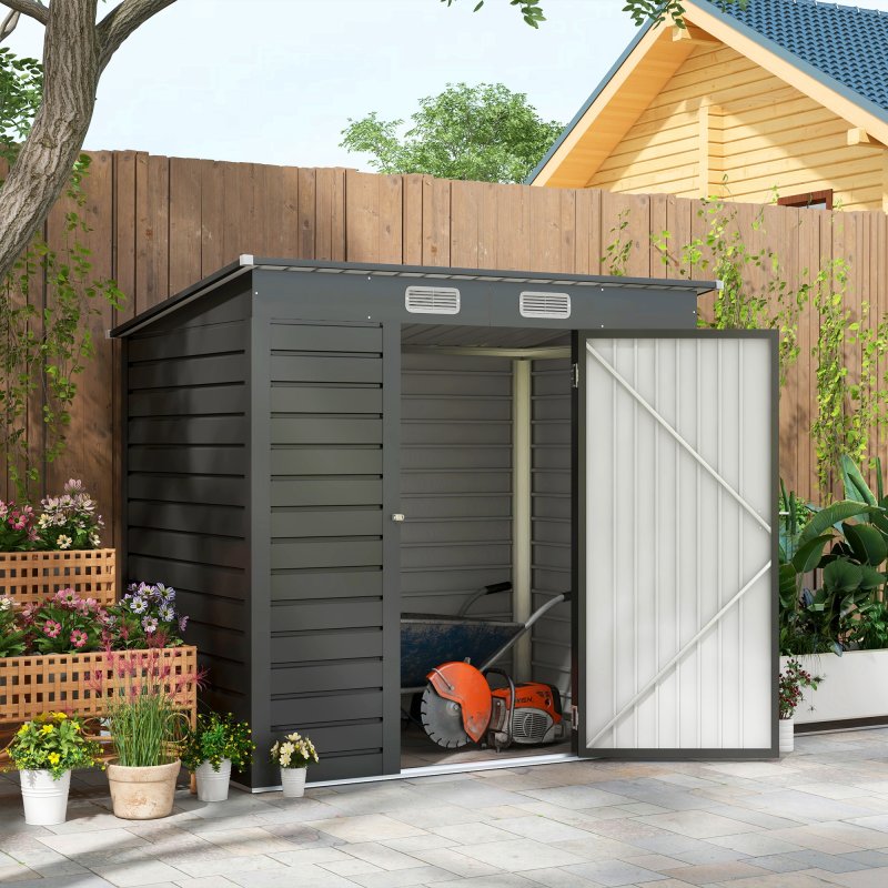 Outsunny 6.3 x 4.3FT Garden Shed, Galvanised Metal Shed, Easy to Assemble, Outdoor Tool Storage Shed with Pent Roof, Lockable Door and 2 Vents, Grey