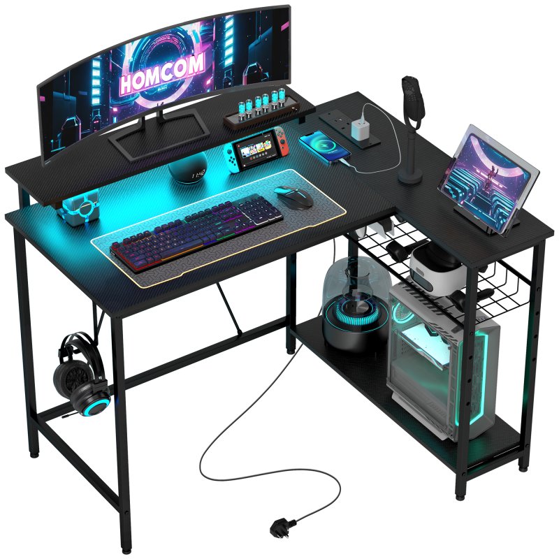 HOMCOM L Shaped Gaming Desk with LED Lights, Power Outlet, USB Charging Ports, 107cm Reversible Corner Computer Desk with Storage Shelves, Monitor Stand for Home Office, Small Space, Black
