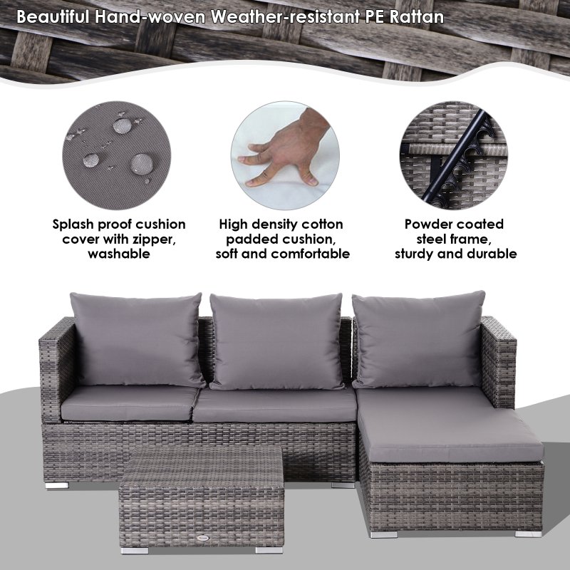Outsunny 3 Pieces Rattan Garden Furniture Sofa Set, 4 Seater Garden Corner Sofa with 5-Level Reclining Sun Lounger and Storage Coffee Table, Outdoor Furniture Conservatory Set with Cushions, Grey