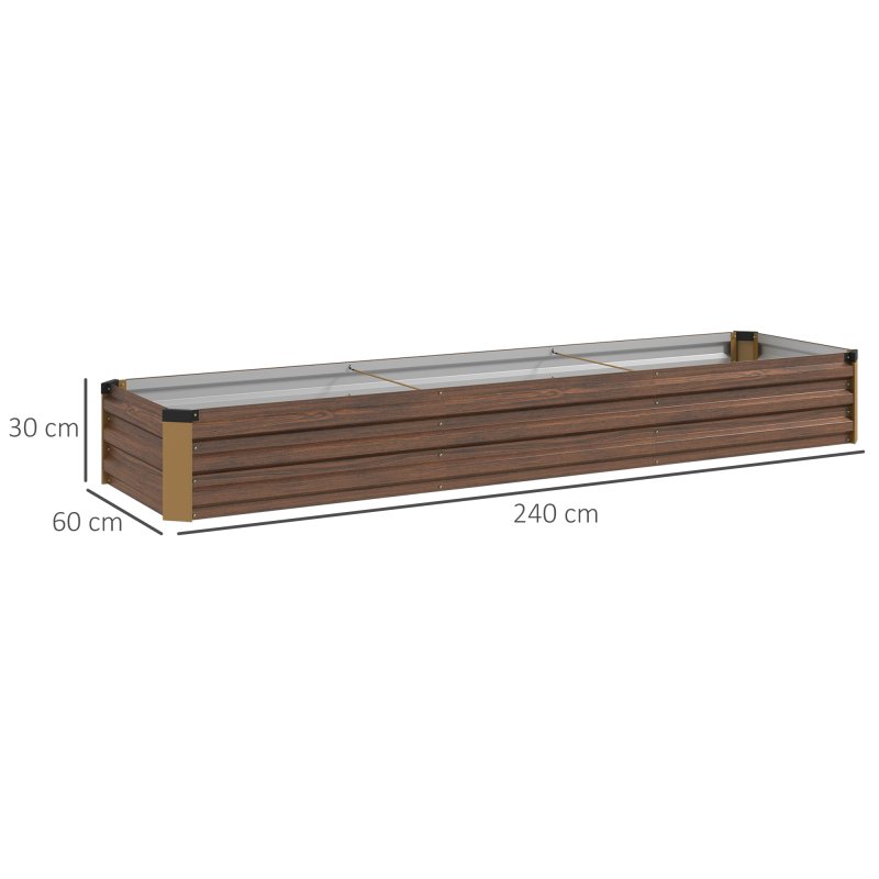 Outsunny Galvanised Raised Bed for Garden, Rectangular Outdoor Elevated Planter Box with Safety Edging and Open Bottom for Growing Flowers, Herbs and Vegetables, 240 x 60 cm, Dark Brown