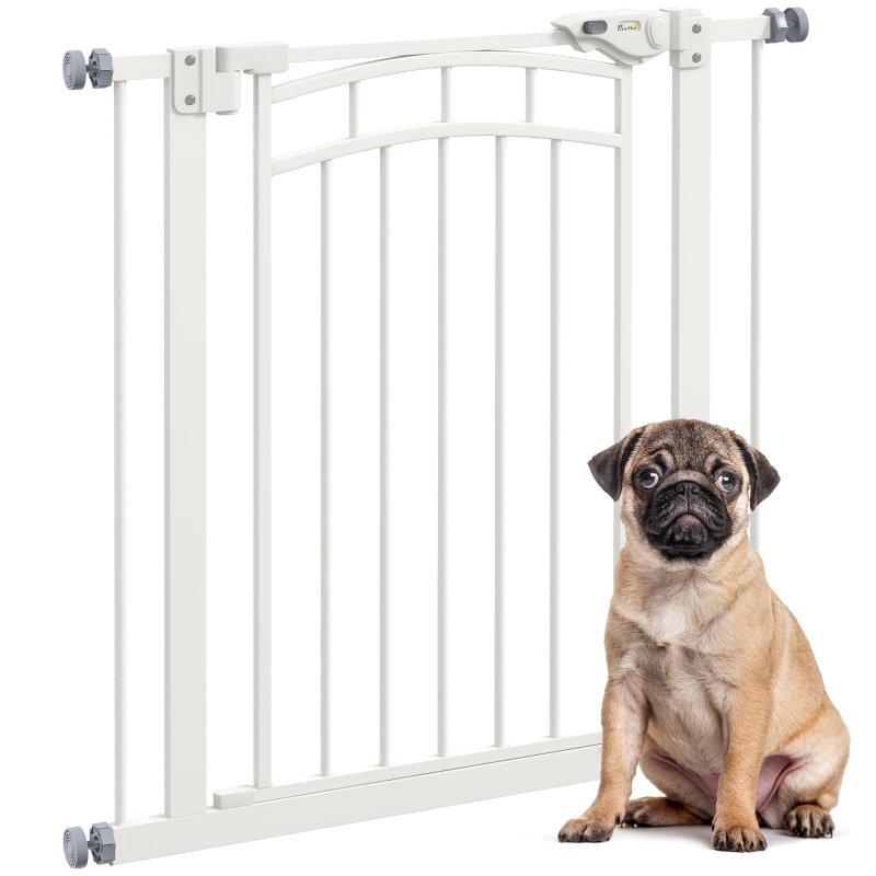 PawHut Dog Stair Gate, Pressure Fit Dog Safety Gate with Automatic Closing System, Double Locking, for Stairs, Doors, Hallways, House, 74-80cm Width, White