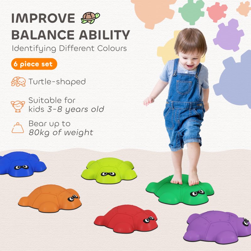 AIYAPLAY Balance Stepping Stones, 6-Piece Turtle-Shaped Stackable River Stones with Non-Slip Edge, Indoor Outdoor Obstacle Course for Kids Age 3-8 Years, Multicoloured