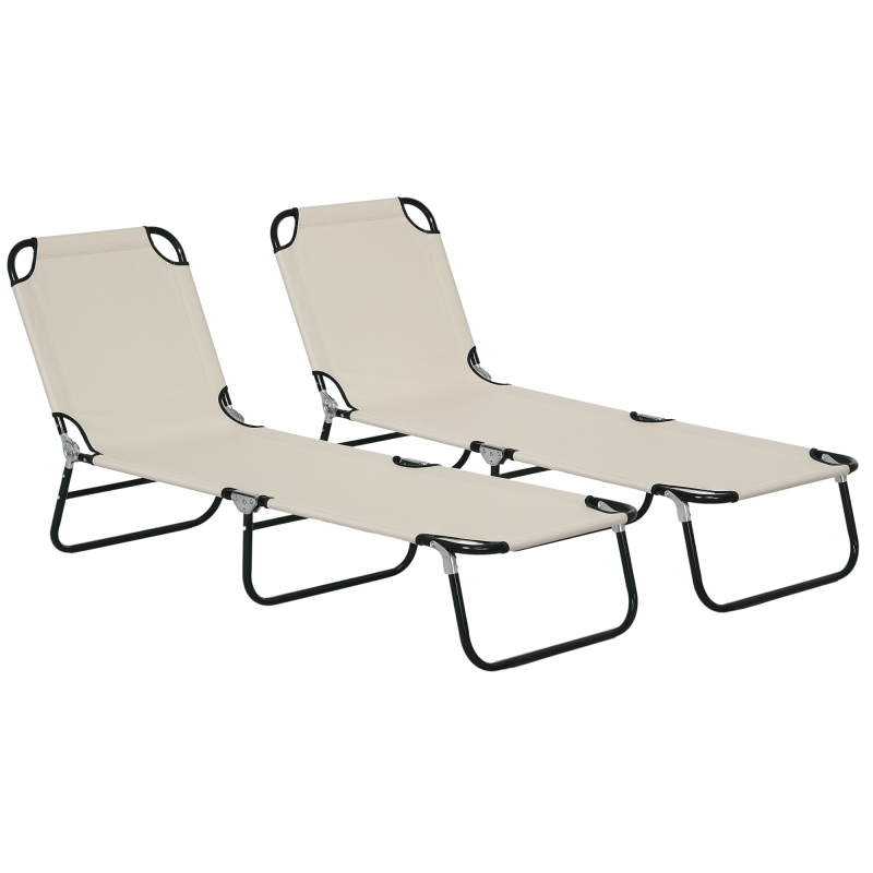 Outsunny Foldable Sun Lounger Set of 2 with 5-Position Adjustable Backrest, Outdoor Portable Recliner Chaise Lounge Chair with Breathable Mesh Fabric, Cream White