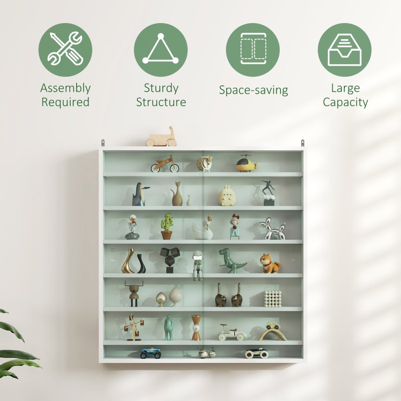 HOMCOM 7-Tier Wall Mounted Display Cabinet, Display Case with 6 Adjustable Shelves, Glass Doors for Home Office Ornaments 83x80cm, White