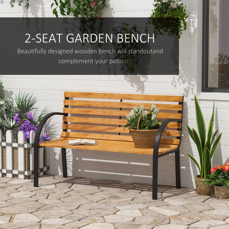 Outsunny Wooden Garden Bench Park Chair 2 Seater Love Seat Chair Outdoor Patio Porch Furniture w/ Sturdy Steel Frame