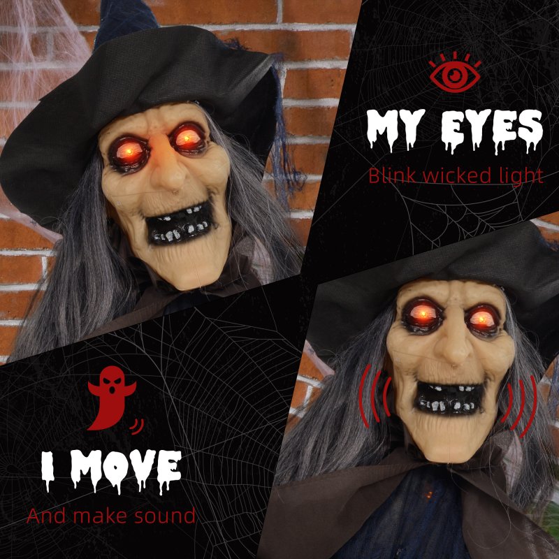 HOMCOM 190cm Witch with Broomstick Outdoor Halloween Decoration, Halloween Animatronic with Sound Activated, Light Up Eyes, Sound Effects, Animated Prop for Haunted House