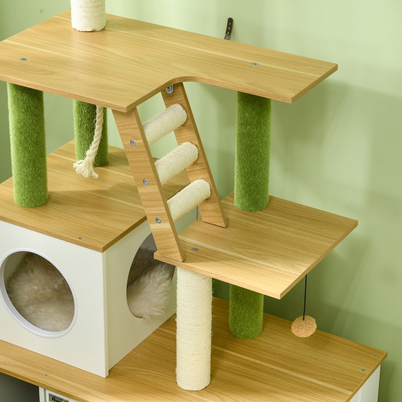 PawHut Cat Tree with Hidden Litter Box Enclosure, 2-in-1 Green Leaf Cat Tower, Litter Box Furniture with House, Ladder, Scratching Posts, Platforms, for Indoor Use - Oak