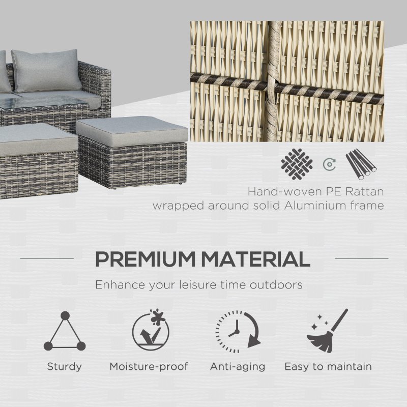 Outsunny 5 Piece Rattan Garden Furniture Set w/ 10cm Thick Cushions, Aluminium Frame Wicker Outdoor Balcony Sofa Set with Corner Armchairs, Ottomans, and Glass Top Table, Mixed Grey