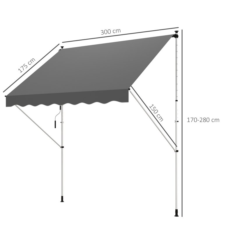 Outsunny Balcony 3 x 1.5m Manual Adjustable Awning, DIY Patio Clamp Awning Canopy, Retractable Shade Shelter Easy to Move for Balcony, Grey