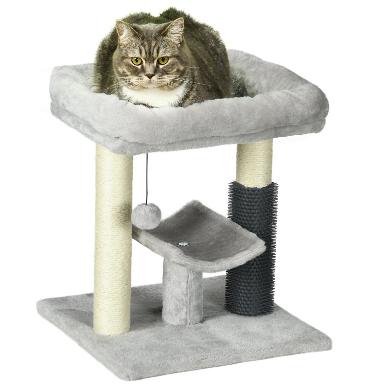 PawHut Small Cat Tree for Indoor Cats, Cat Scratching Post with Bed, Self Groomer, Toy - Grey