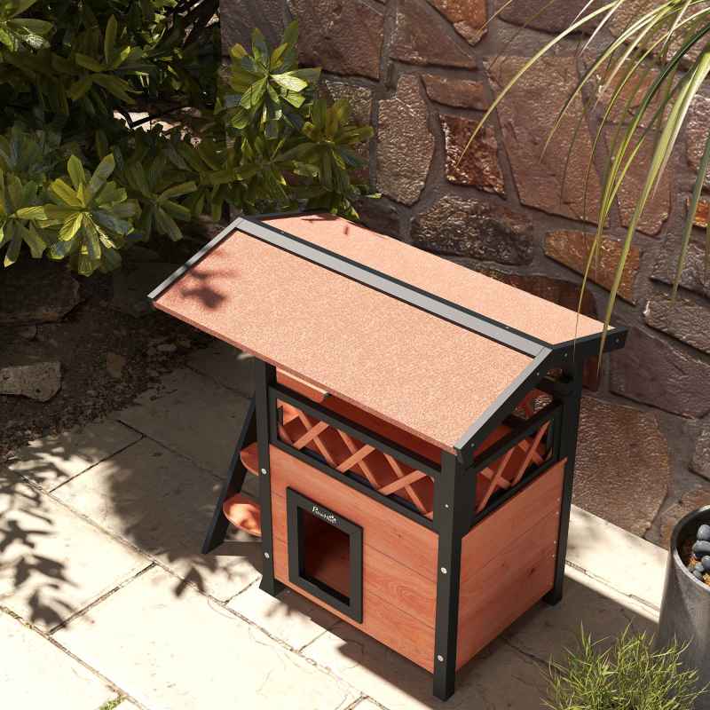 PawHut Outdoor Cat House Kitten Shelter Puppy Kennel with Balcony Stairs Asphalt Roof, 77 x 50 x 73 cm, Brown