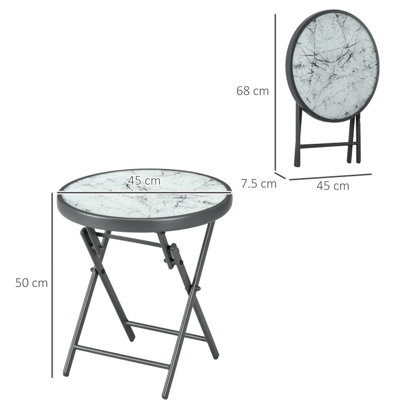 Outsunny ??45cm Garden Side Table, Outdoor Round Folding Patio Table with Imitation Marble Glass Top, Small Coffee Table, White