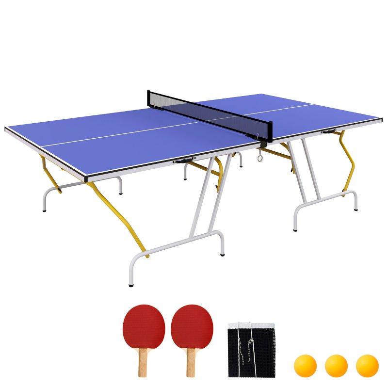 SPORTNOW 9FT Foldable Table Tennis Table, Fold Into Quarters, Indoor Portable Full Size Ping Pong Table with Cover, Net, Paddles, Balls, Blue
