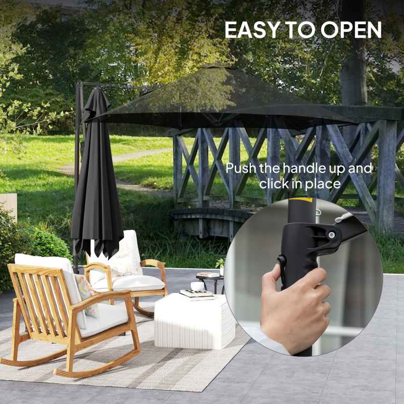 Outsunny 2.5M Garden Cantilever Parasol, Offset Roma Patio Umbrella Hanging Sun Shade Canopy Shelter with 360 Rotation and Cross Base, Black