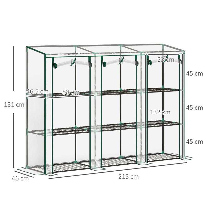 Outsunny 3 Tier Lean-to Mini Greenhouse with Reinforced Plastic Cover, Portable Indoor Outdoor Green House with 3 Roll-up Doors and 9 Wire Shelves, 151H x 215W x 46Dcm, Clear