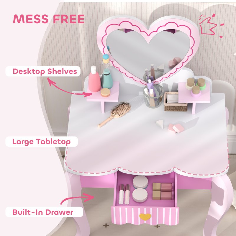 AIYAPLAY Kids Dressing Table Set, 2-Piece Children Vanity Table with Stool, Mirror, Drawer, Desktop, Storage, Heart-Themed Makeup Desk and Chair, Pink