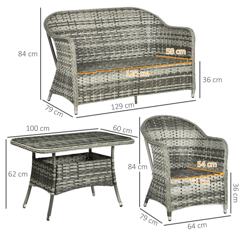 Outsunny 4 Pieces Rattan Garden Furniture Set, Round Wicker Garden Sofa Set with Loveseat, Armchairs and Glass Top Table, Outdoor Conservatory Furniture with Cushions for Patio, Balcony, Grey