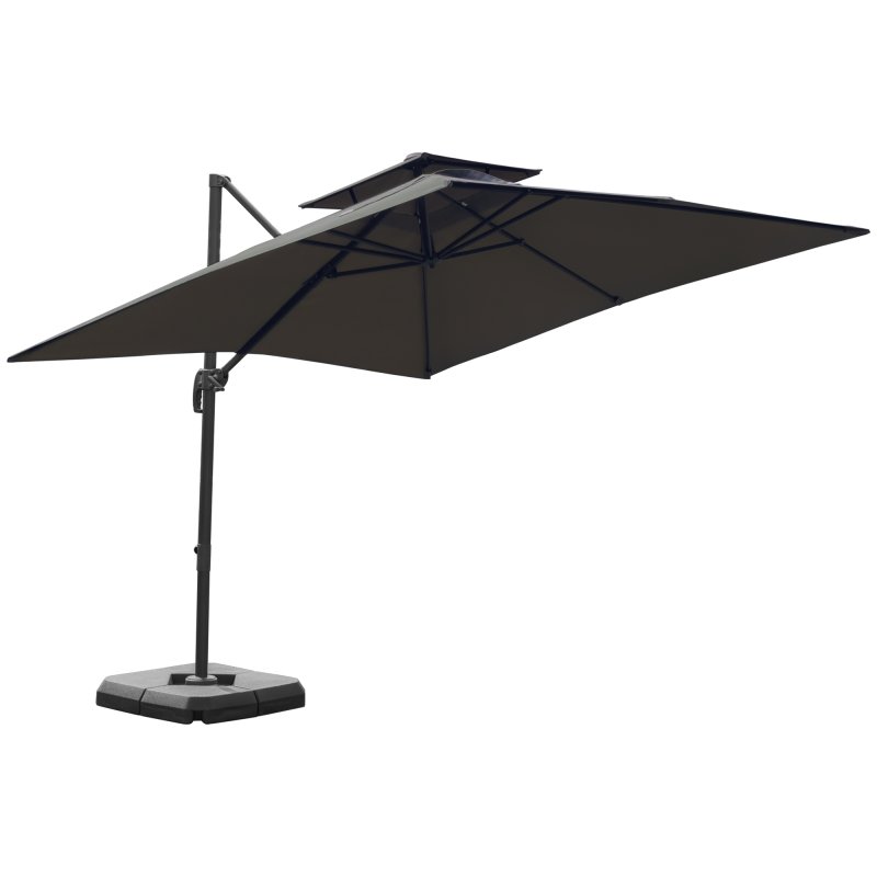 Outsunny 2.7 x 2.7(m) Cantilever Parasol with Aluminium Frame, Crank and Tilt, 360-Degree Rotation, Double Top Garden Umbrella with Base and Cover, Dark Grey