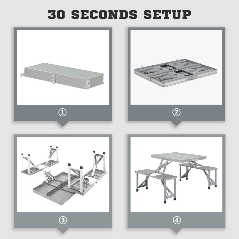 Outsunny Folding Picnic Table with 4 Seats and Umbrella Hole, Aluminium Frame Portable Camping Table Set for Patio, Porch, Garden, Grey