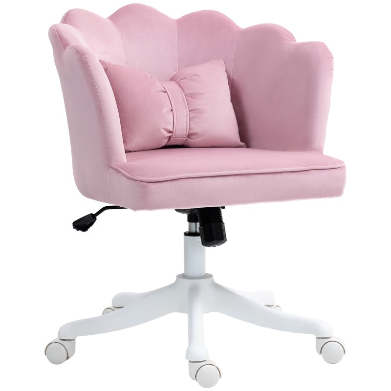 HOMCOM Velvet Office Chair with Petal Shell Back and Lumbar Pillow, Armless Desk Chair with Wide Seat and Tilt Function, Height Adjustable Swivel Makeup Vanity Chair for Bedroom, Pink