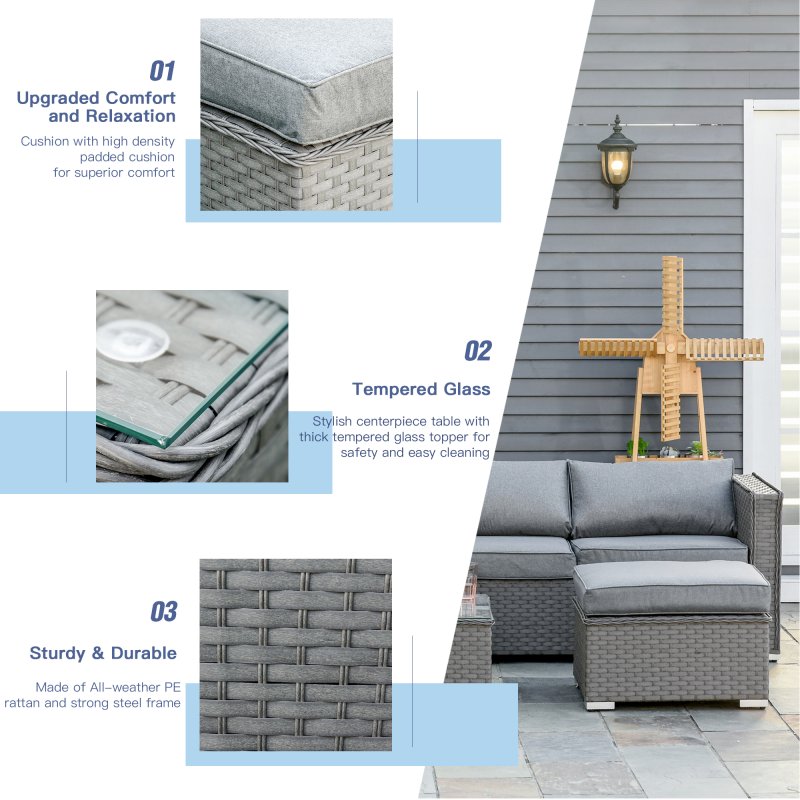 Outsunny 5 Pieces Rattan Garden Furniture Set, Wide & Deep Garden Sofa with Thickened Cushions, Outdoor Furniture Conservatory Set with Loveseats, Footstools and Glass Top Table for Patio, Grey