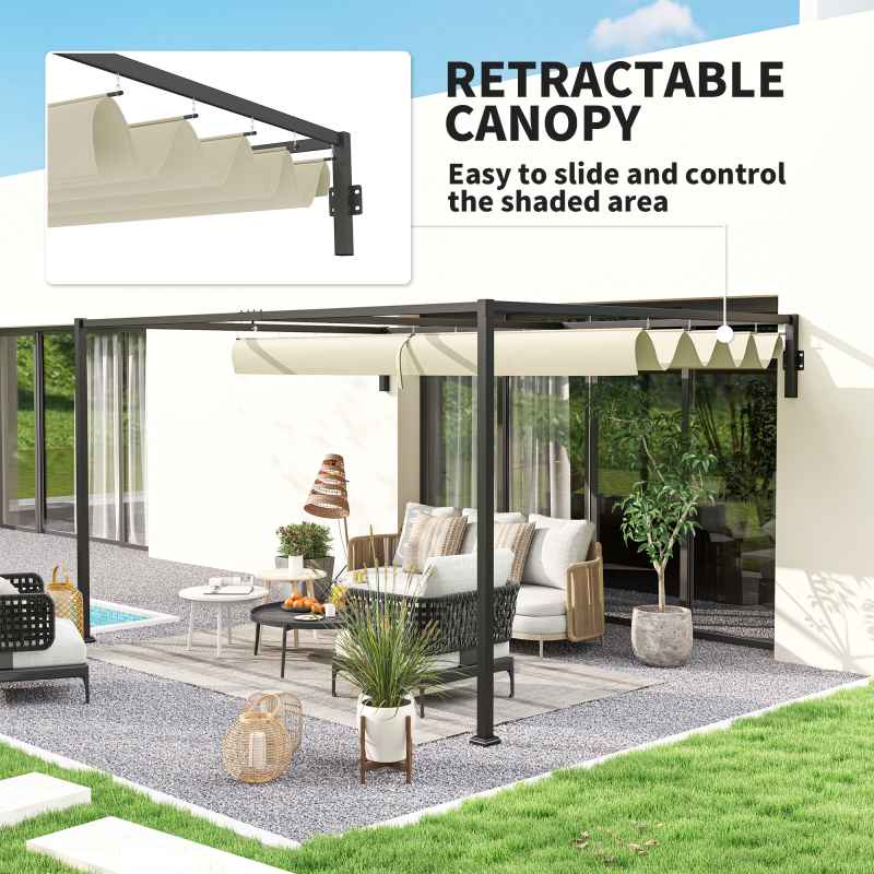 Outsunny 3 x 4m Lean To Pergola with Retractable Roof, Wall Mounted Garden Gazebo Outdoor Sun Shade Shelter for Patio, Deck, Khaki