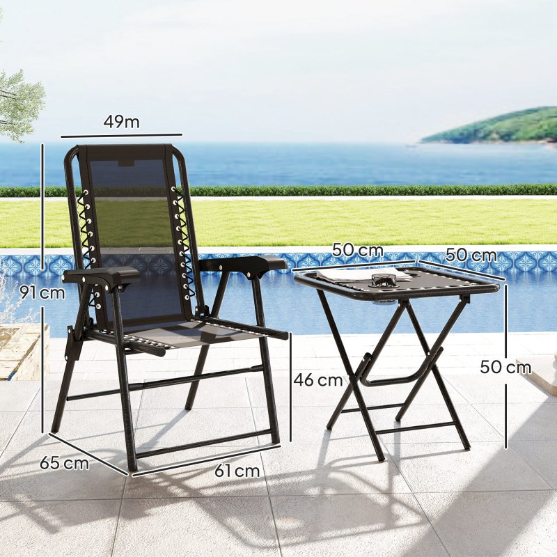 Outsunny 3 Pieces Garden Bistro Set, Folding Table and Chairs Set, Metal Garden Furniture Set with Cup Holders for Outdoor, Patio, Balcony, Black