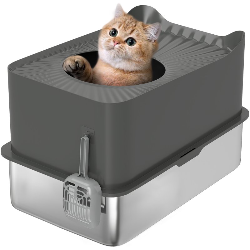PawHut Stainless Steel Litter Box, Extra Large Enclosed Cat Litter Tray with Scoop, Top Entrance, Non-slip Pads, Easy to Clean & Never Absorbs Odors, Dark Grey