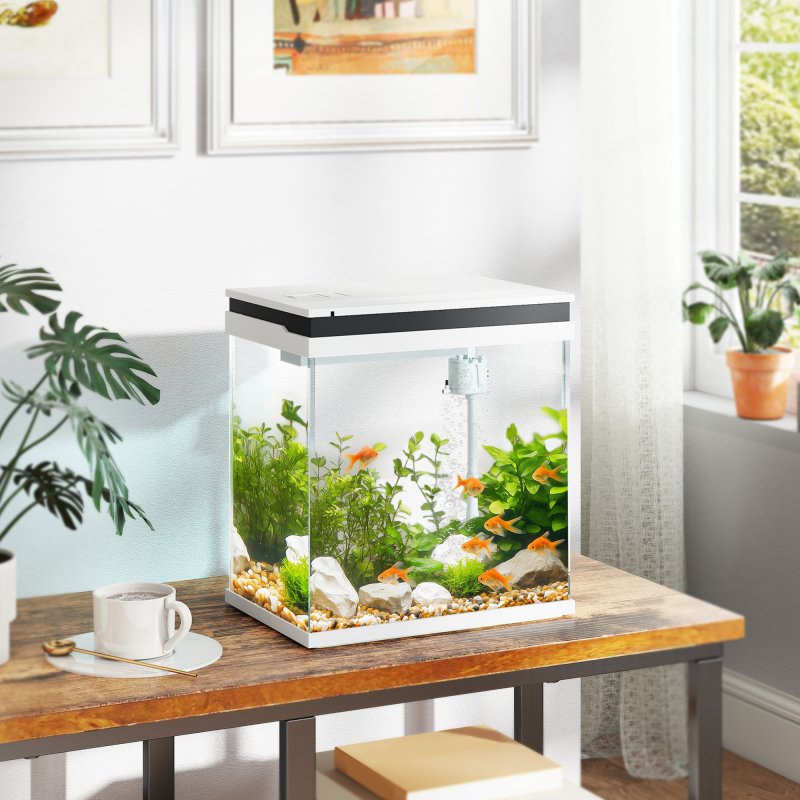 PawHut Fish Tank, 14L Glass Aquarium with Filter System, LED Lights, Water Pump, Betta Fish Tank for Goldfish, Shrimps, White