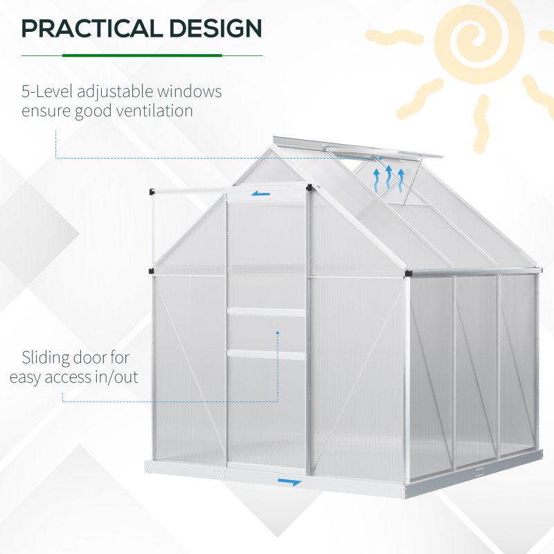 Outsunny Polycarbonate Greenhouse, Small Greenhouse with Adjustable Roof Vent, Garden Green House with Galvanised Base, Sliding Door and Rain Gutter, 190 x 190 x 200 cm, Silver Tone