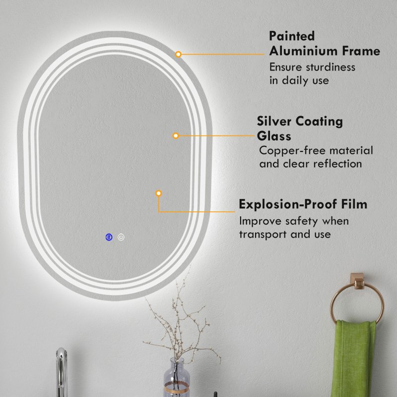 kleankin Bathroom Mirror with LED Lights, 70 x 50cm Dimmable Makeup Mirror with 3 Colour Light, Anti-fog, Memory Function, Touch Switch, Vertical or Horizontal Mounted
